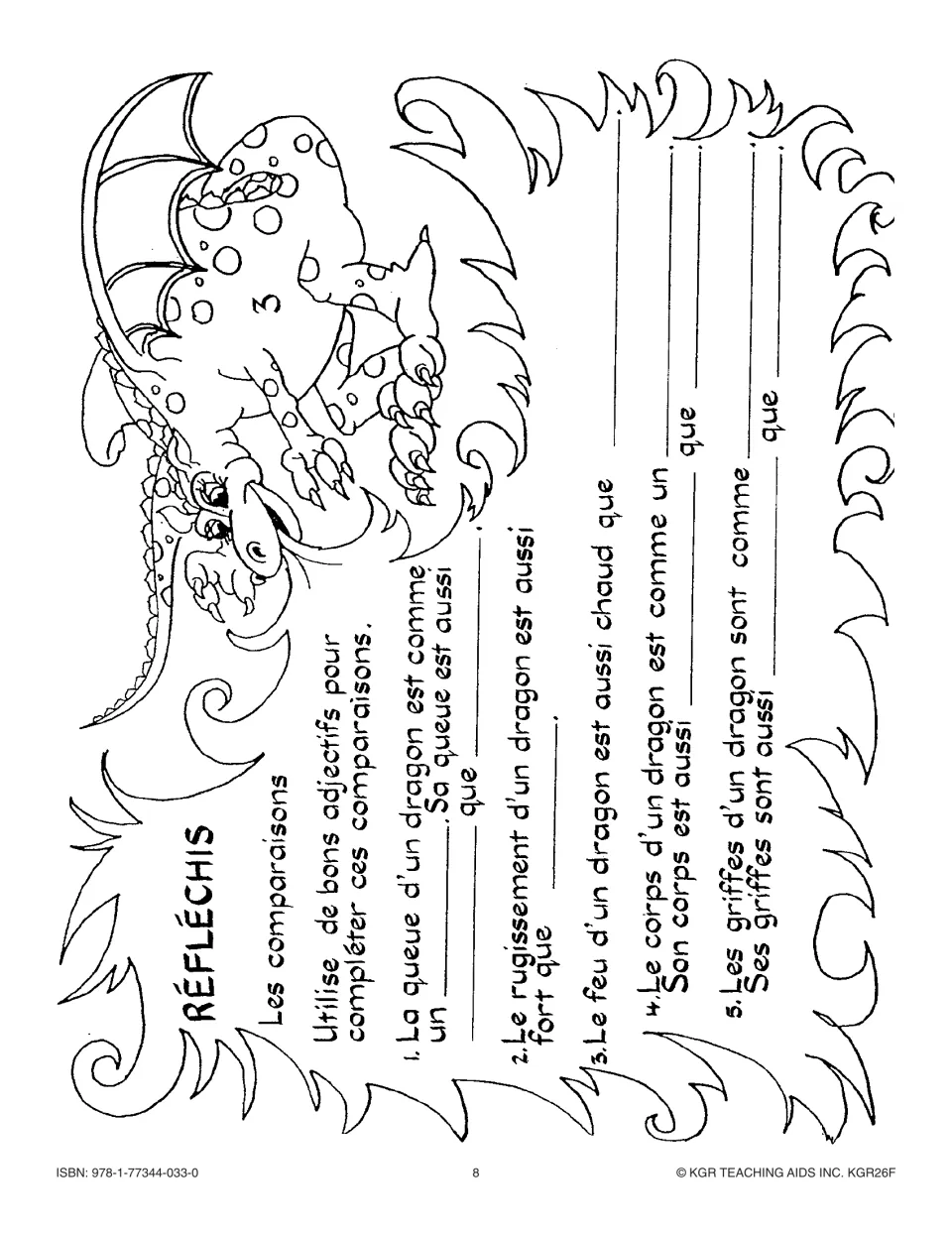 Réflexion card 3, 'Les comparaisons': complete five similes about a dragon's tail, roar, fire, body and claws