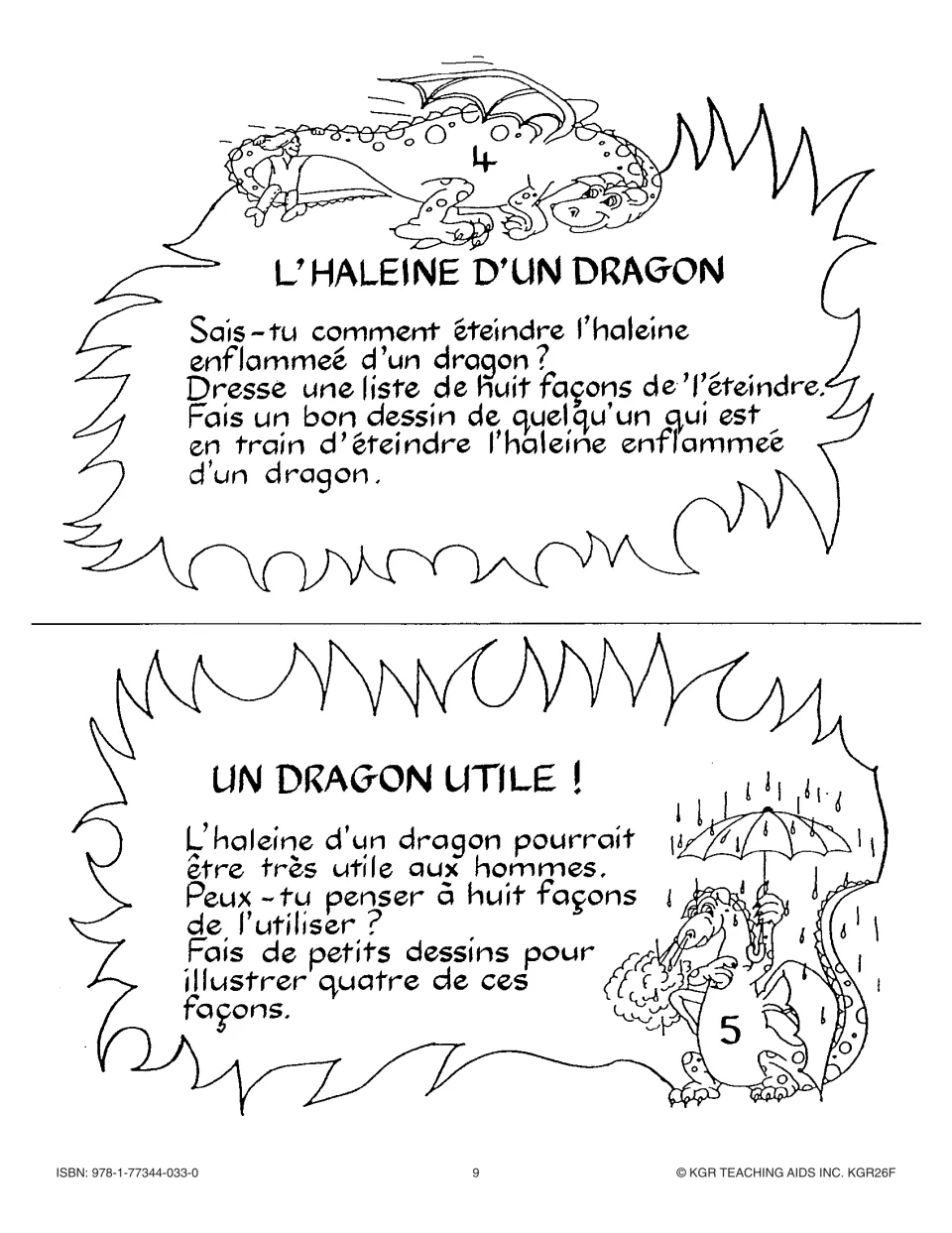 Cards 4 and 5: list eight ways to put out a dragon's fiery breath, and eight ways dragon breath could help people