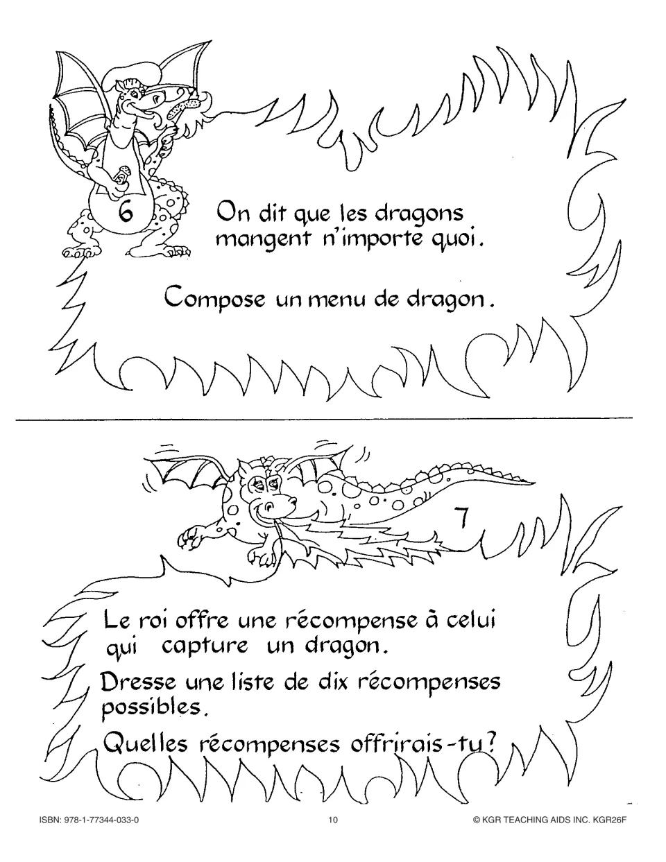 Cards 6 and 7: write a dragon menu, and list ten rewards a king could offer for capturing a dragon