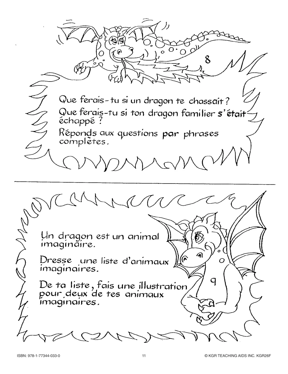 Cards 8 and 9: answer what you'd do if a dragon chased you, and list and draw imaginary animals