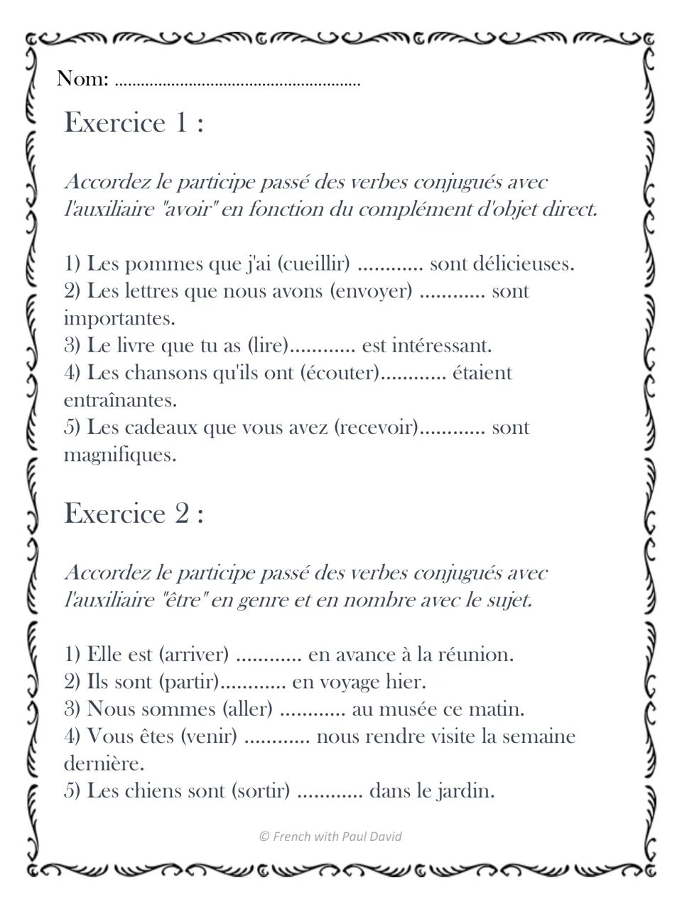 French past participle agreement: students write the agreed form in 10 sentences using avoir with a direct object and être