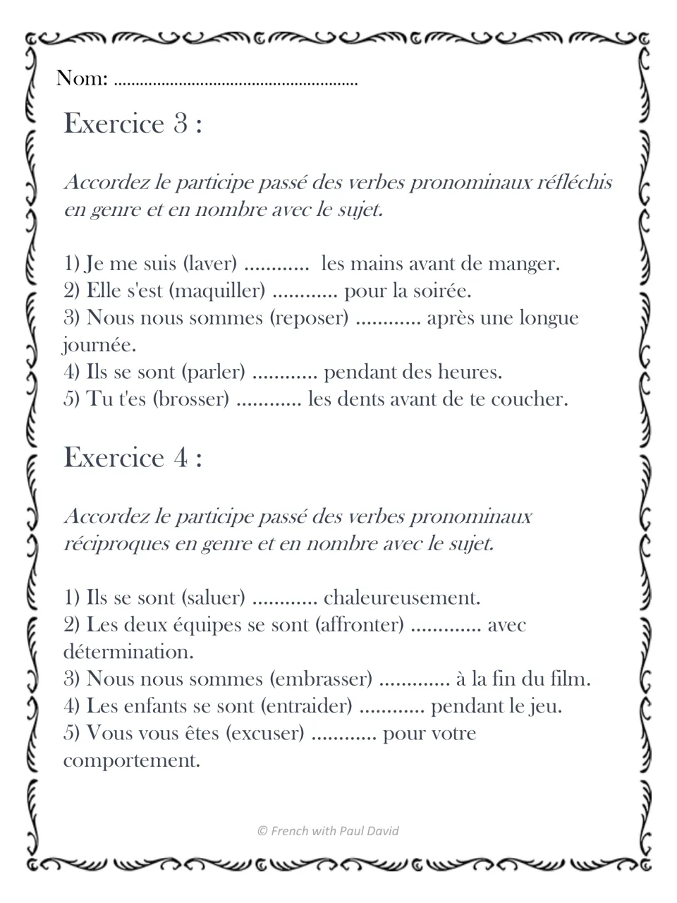 Pronominal verb agreement in French: students fill in past participles in 10 sentences with reflexive and reciprocal verbs