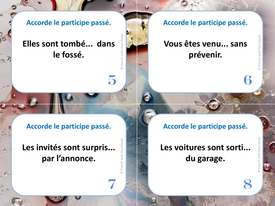 Cards 5-8: students add endings to tombé, venu, surpris and sorti so each agrees with its subject after être