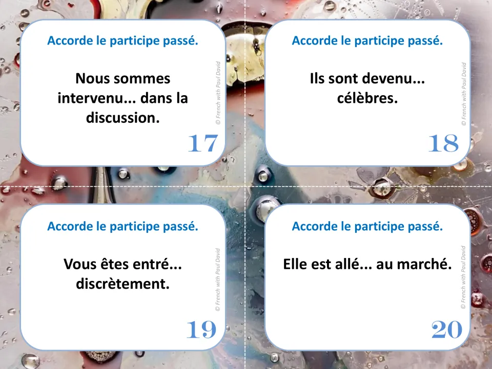 Cards 17-20 ask students to agree intervenu, devenu, entré and allé with nous, ils, vous and elle in the passé composé