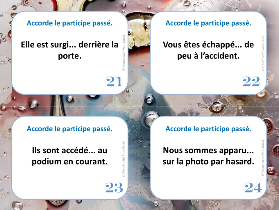 Cards 21-24: students make surgi, échappé, accédé and apparu agree with the subject of each sentence built with être
