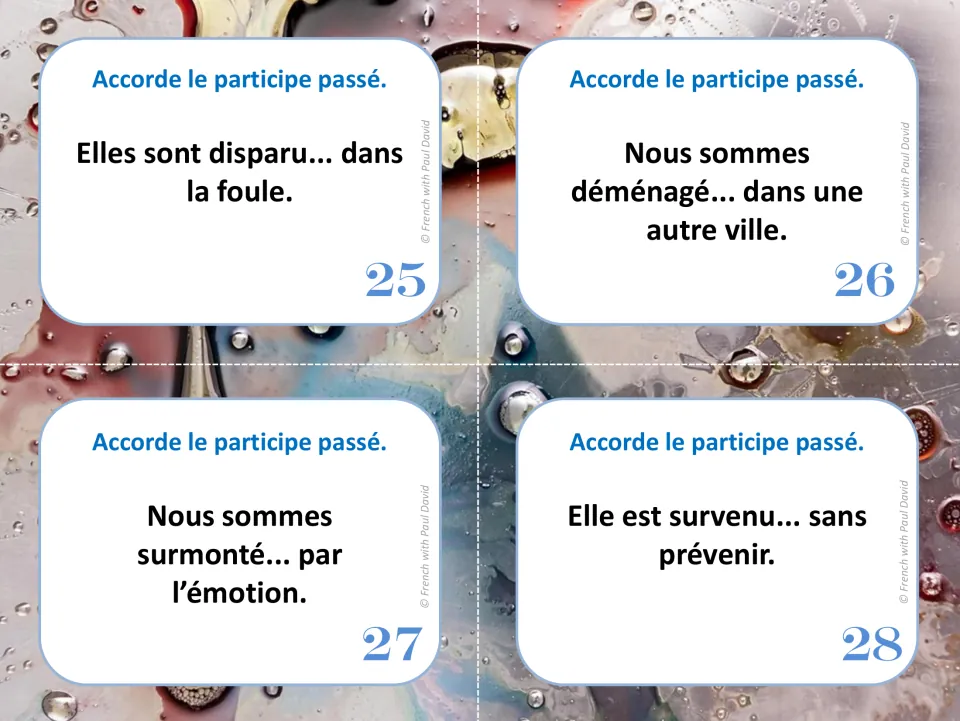 Last cards 25-28: students agree disparu, déménagé, surmonté and survenu with elles, nous and elle in each sentence