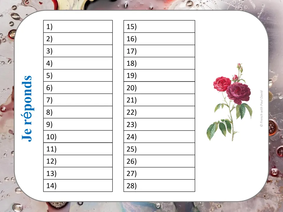 Je réponds recording sheet: students write the agreed past participle for each of the 28 task cards, numbered 1 to 28