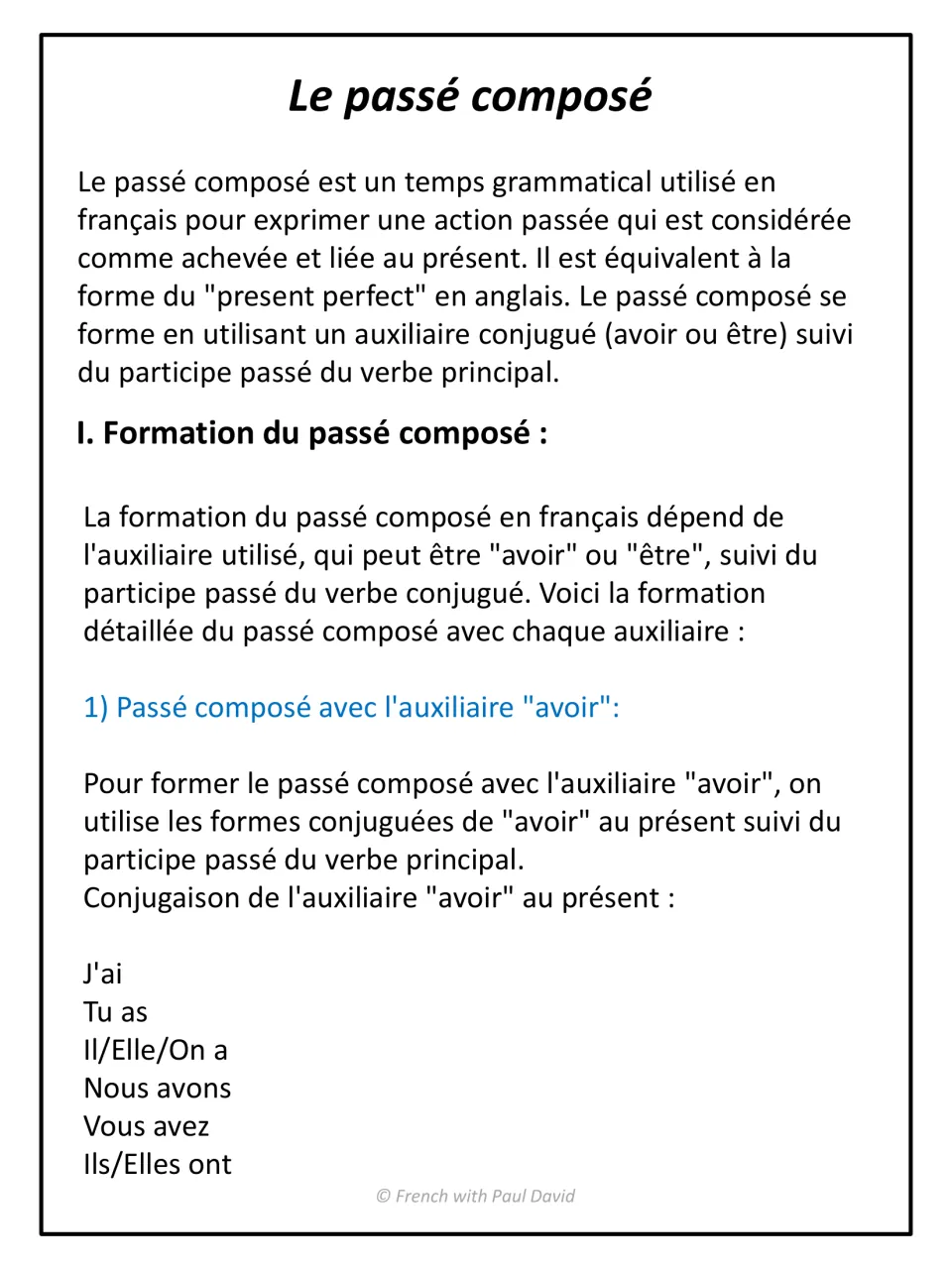 French passé composé intro: defines the tense, explains formation with avoir or être, and conjugates avoir in the present