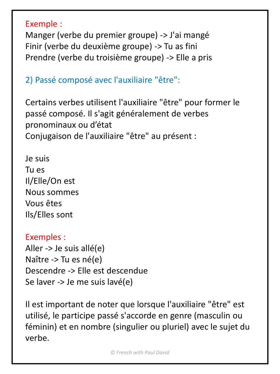 Passé composé with être: avoir examples by verb group, être conjugated in the present, and agreement examples like allé(e)