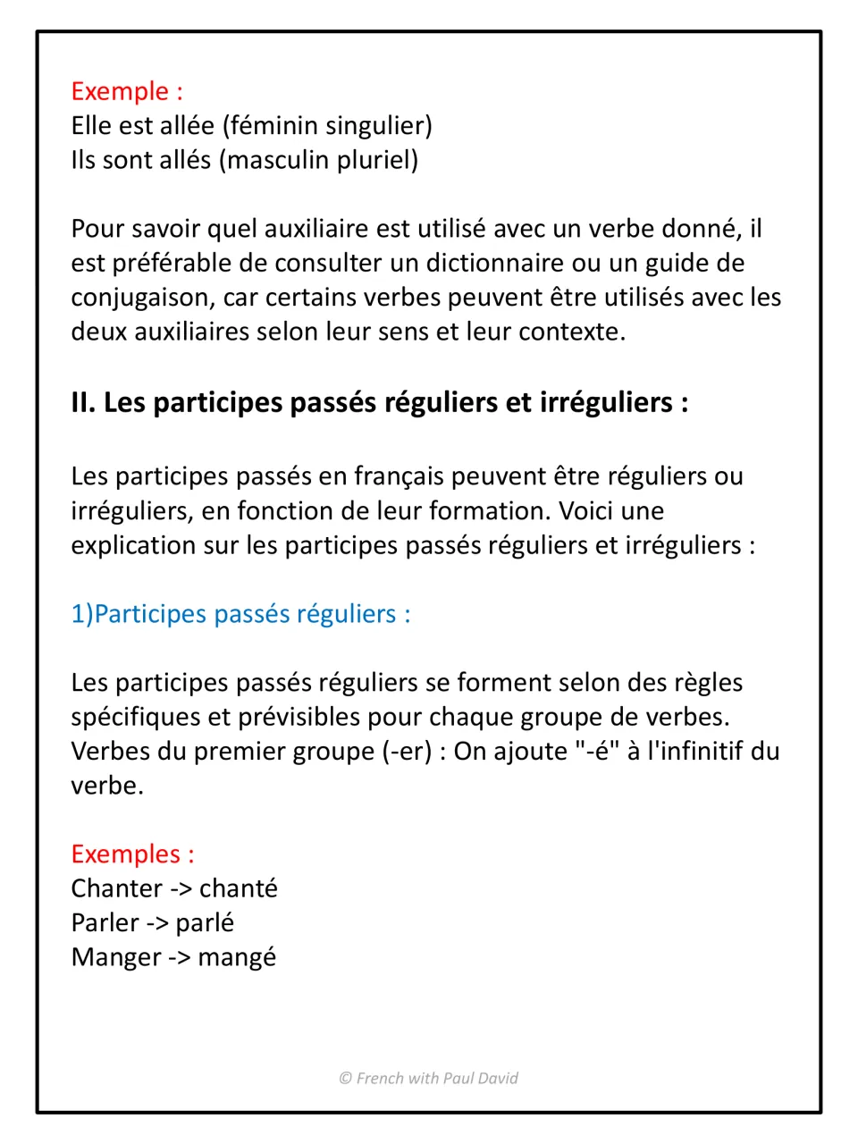 Regular and irregular past participles in French: rule for -er verbs adding -é, with examples chanté, parlé and mangé