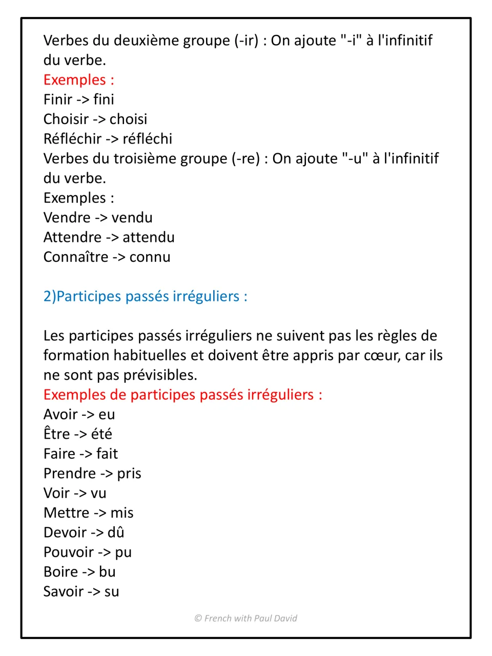 Past participle endings for -ir and -re verbs, plus irregular participles to memorize such as eu, été, fait and pris