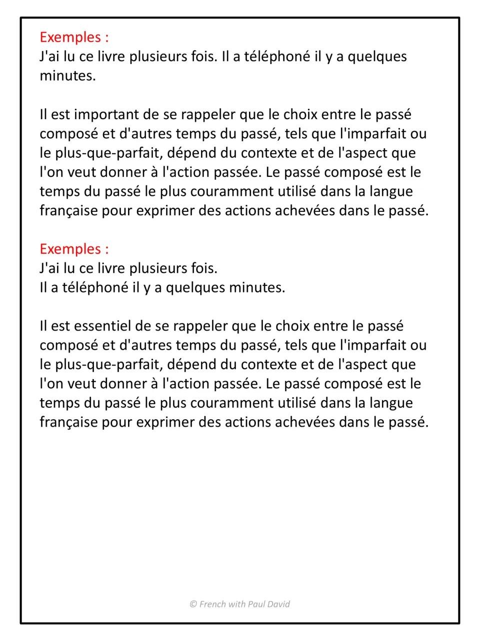 Examples of repeated past actions and a note on choosing the passé composé over the imparfait or plus-que-parfait