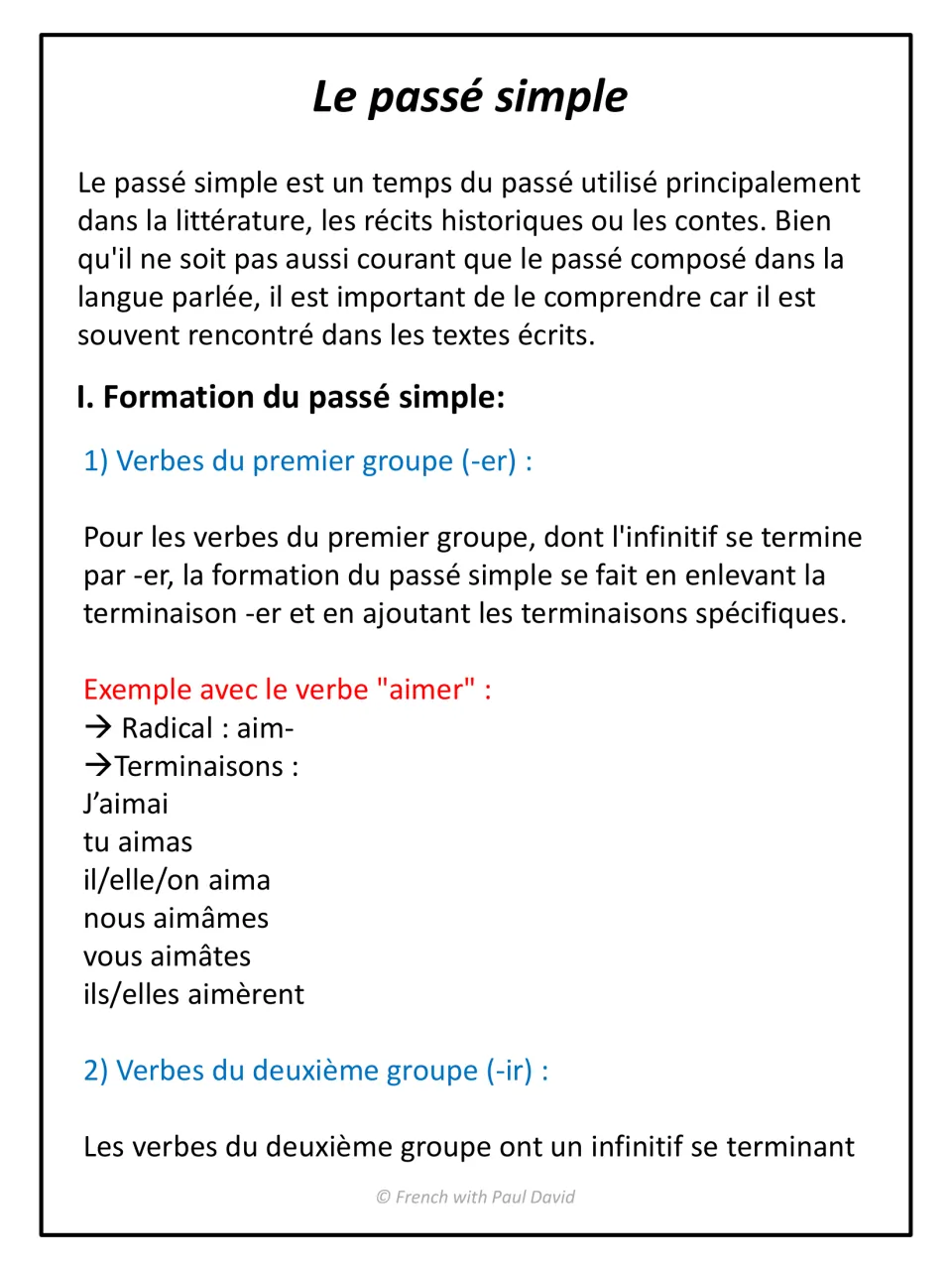 French passé simple introduction: when the tense is used, then -er verb formation shown with aimer conjugated in full