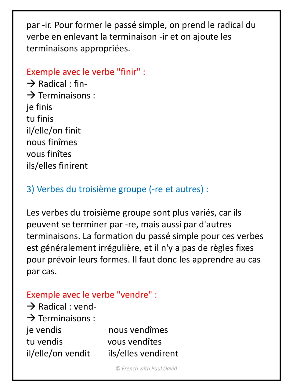 Passé simple formation for -ir and -re verbs: finir and vendre conjugated in full, with a note that third-group forms vary