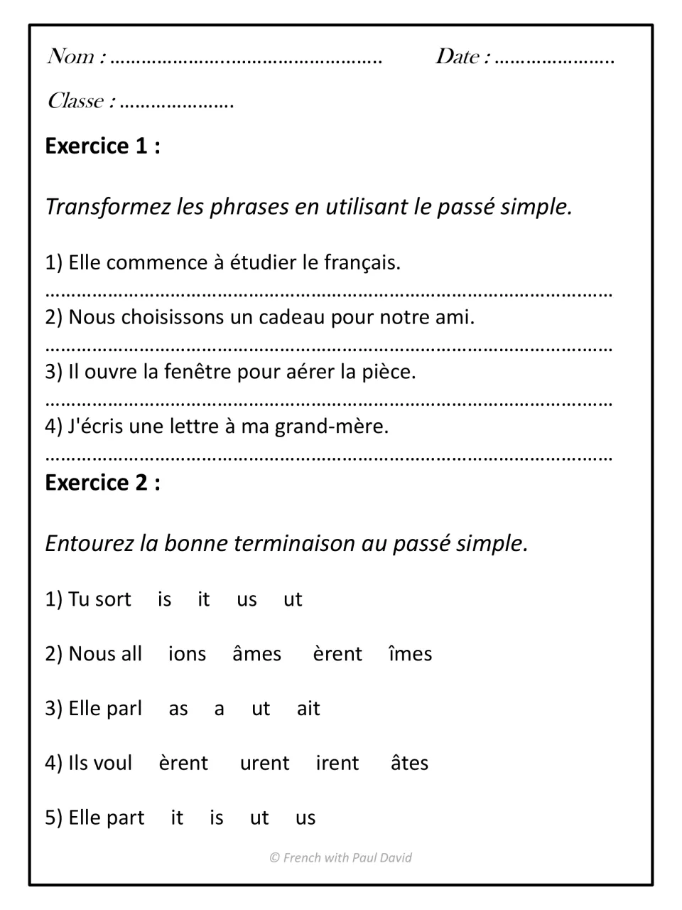 Passé simple practice: students rewrite 4 present-tense sentences in the passé simple and circle the correct verb ending