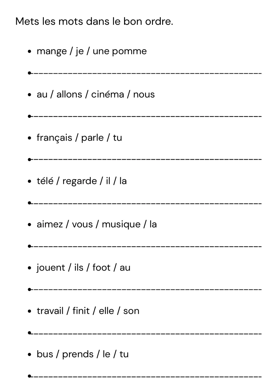 French word order: students unscramble 8 sets of words into present-tense sentences, such as mange / je / une pomme
