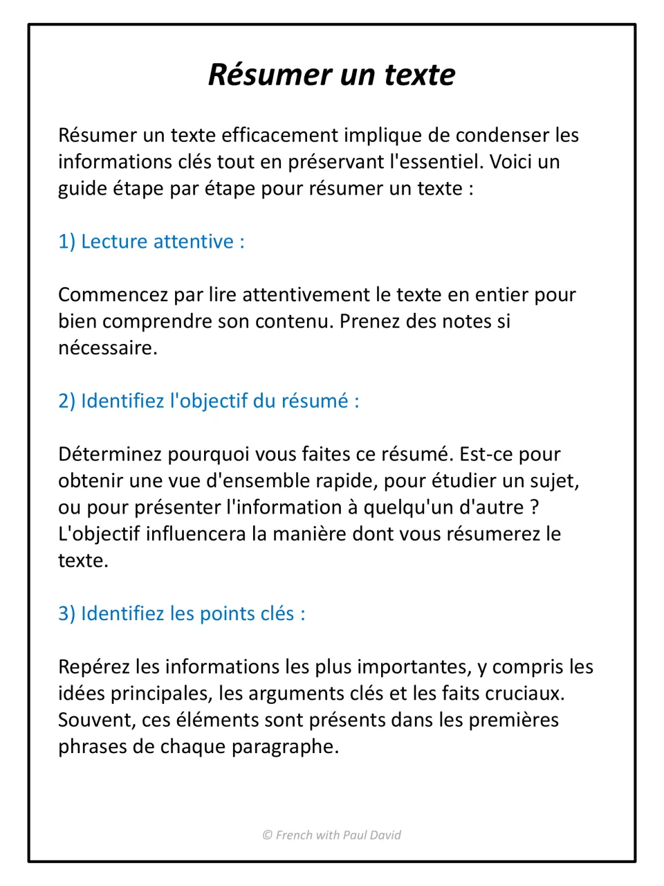 French summary writing guide, steps 1-3: read the text closely, set the summary's purpose and identify key points