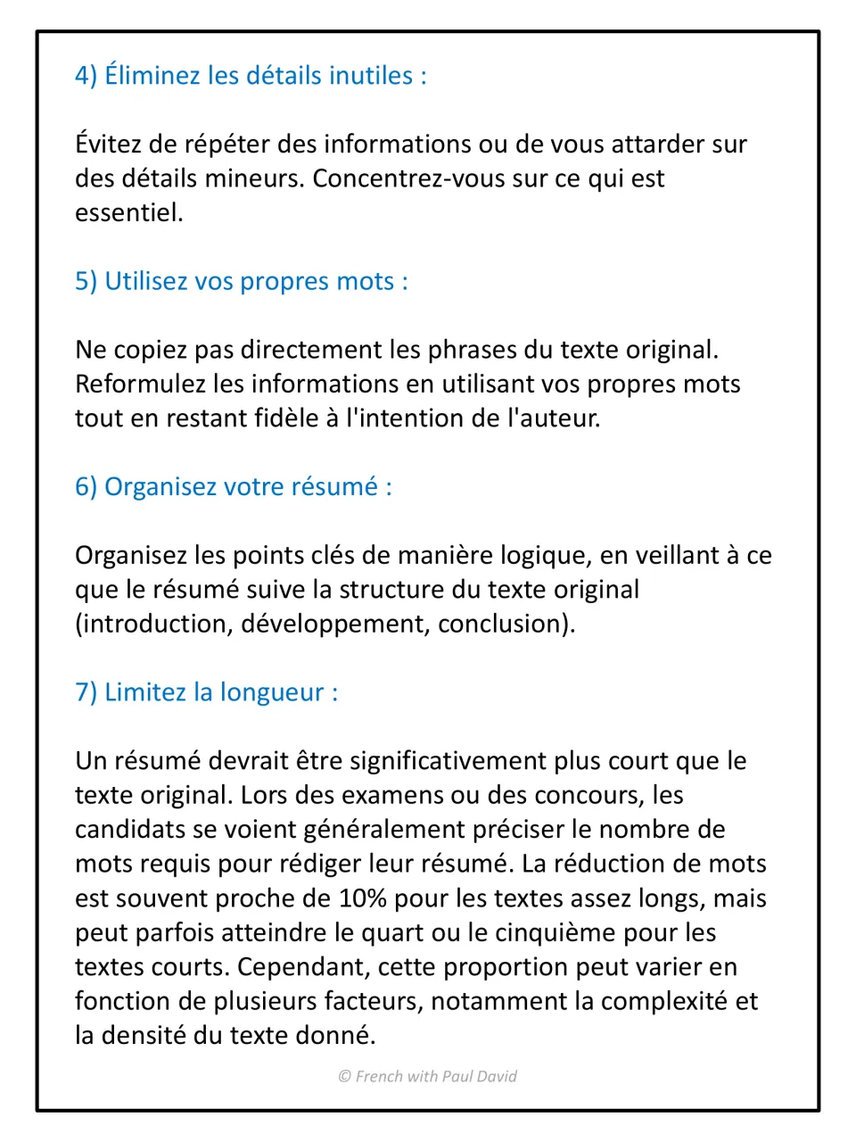 Summary guide steps 4-7: cut minor details, use your own words, follow the original structure and limit word count