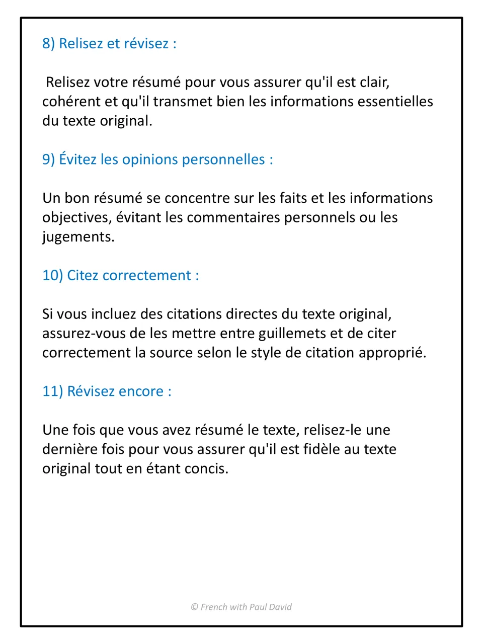 Summary guide steps 8-11: reread and revise, avoid personal opinions, quote sources correctly and check once more