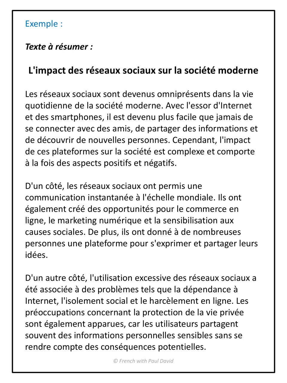 Worked example in French: a model text on the impact of social media on modern society, set up for summarizing