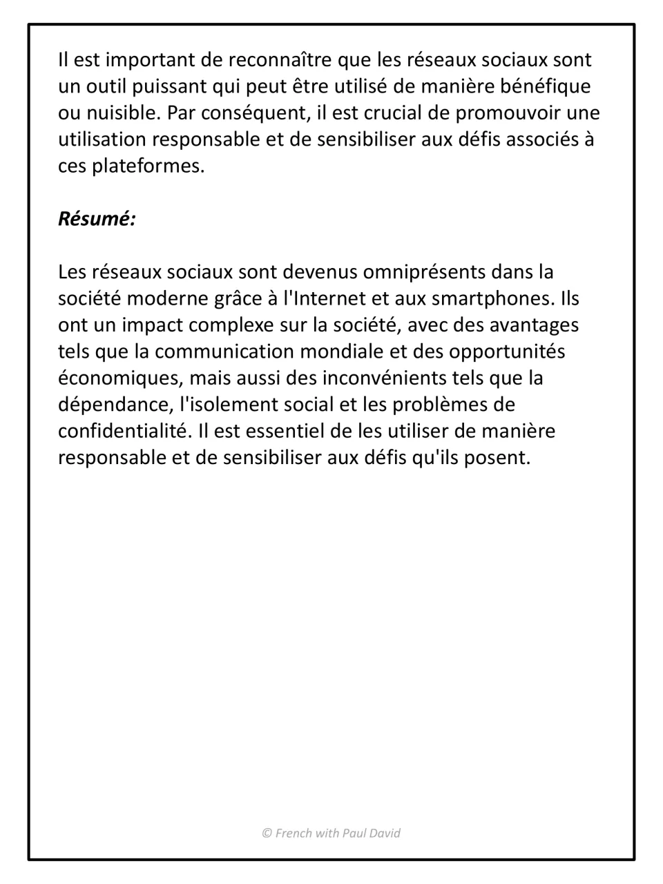 Worked example continued: the social media text's conclusion followed by a model résumé of its main pros and cons