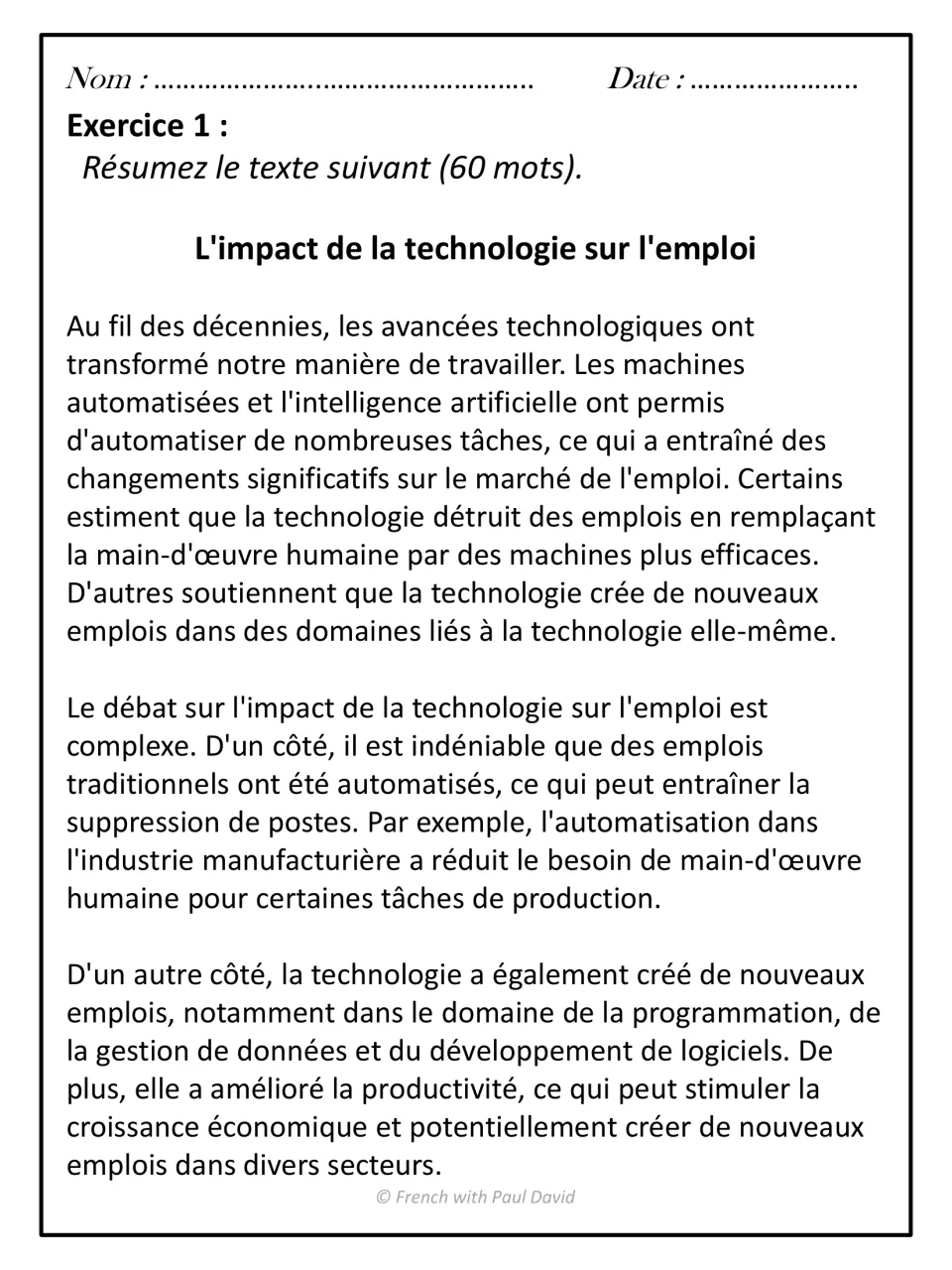 Exercice 1: students condense a French article on technology and jobs, automation versus new tech roles, into 60 words