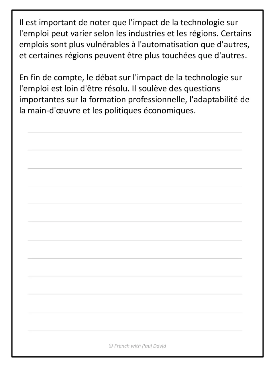 Exercice 1 continued: the technology and jobs text ends on training and policy questions, then students draft the summary