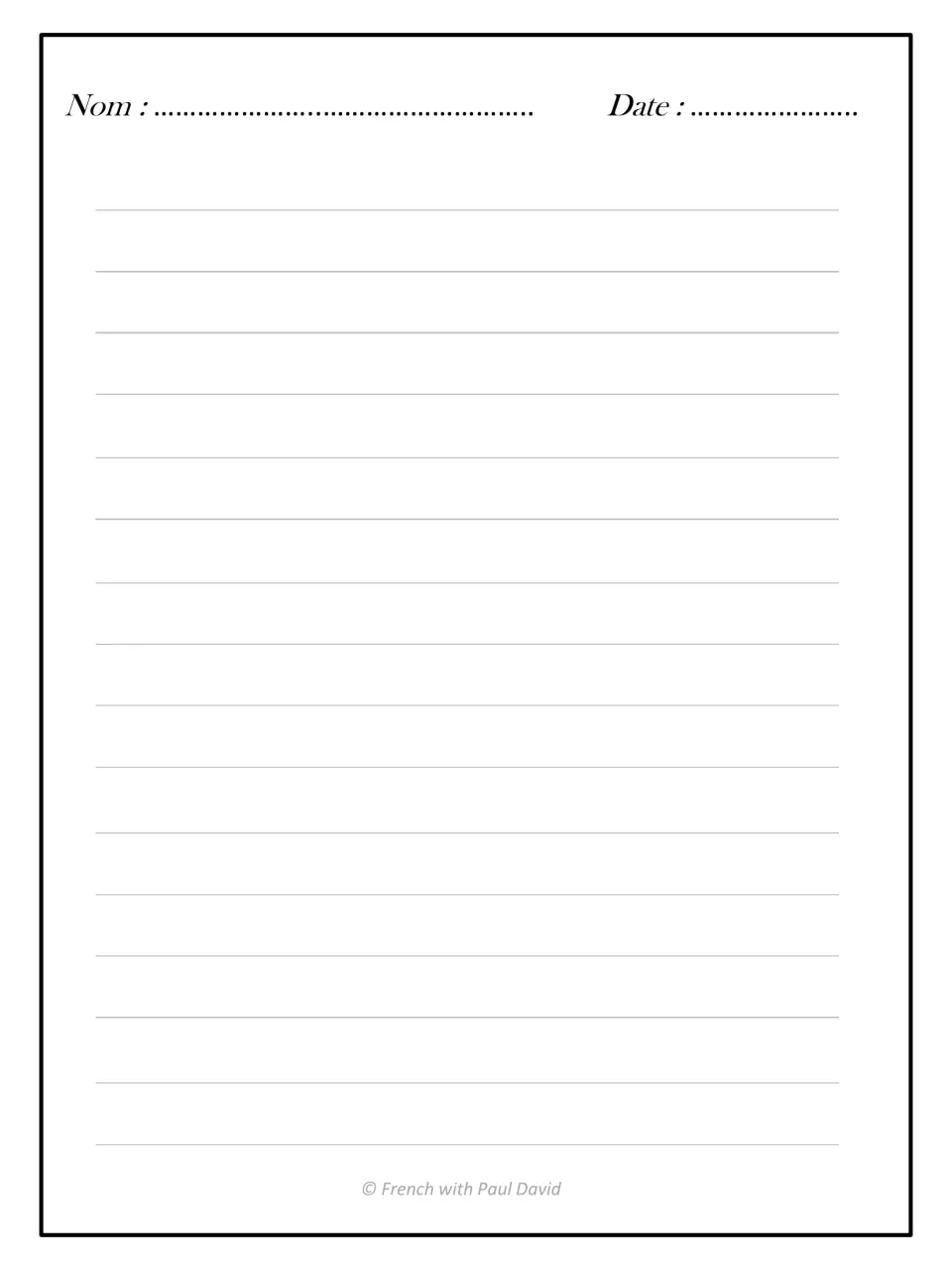 Blank response page headed Nom and Date, left open for students to draft a written summary of a French text