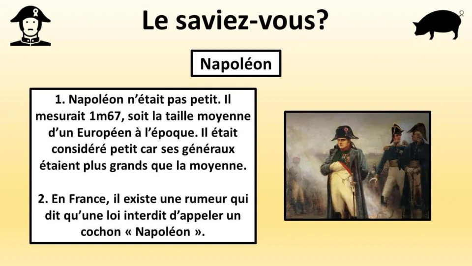 French fact page about Napoleon: his height of 1.67 meters and a rumor about naming a pig after him