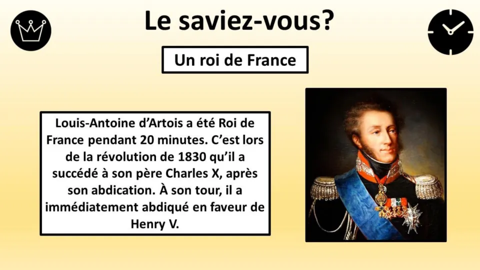 French fact page about Louis-Antoine d’Artois and his stated 20-minute reign during the 1830 revolution