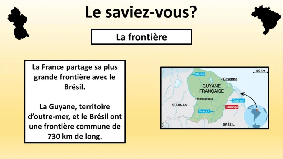 French fact page on “La frontière” (the border), describing a 730-kilometer border with Brazil in Guiana
