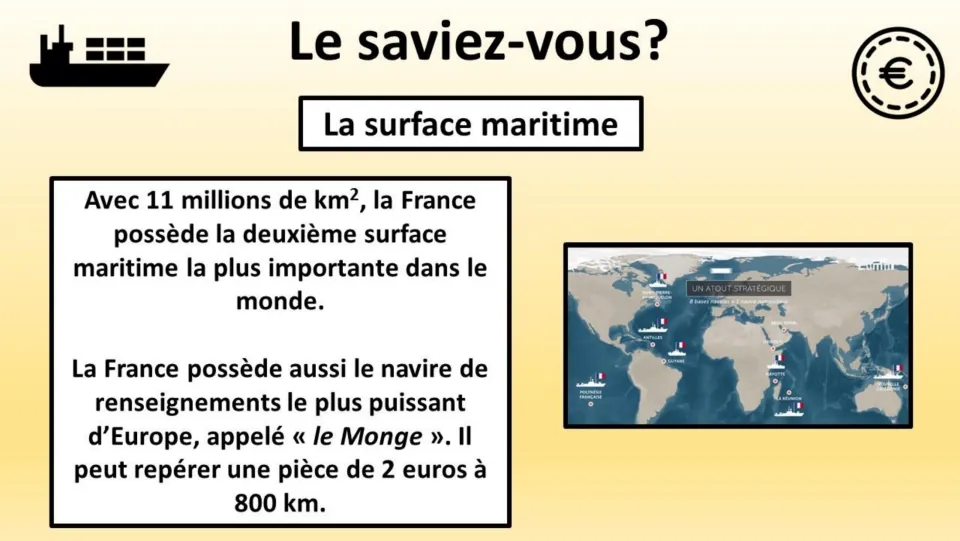 French fact page on France’s maritime area of 11 million square kilometers and the ship Le Monge