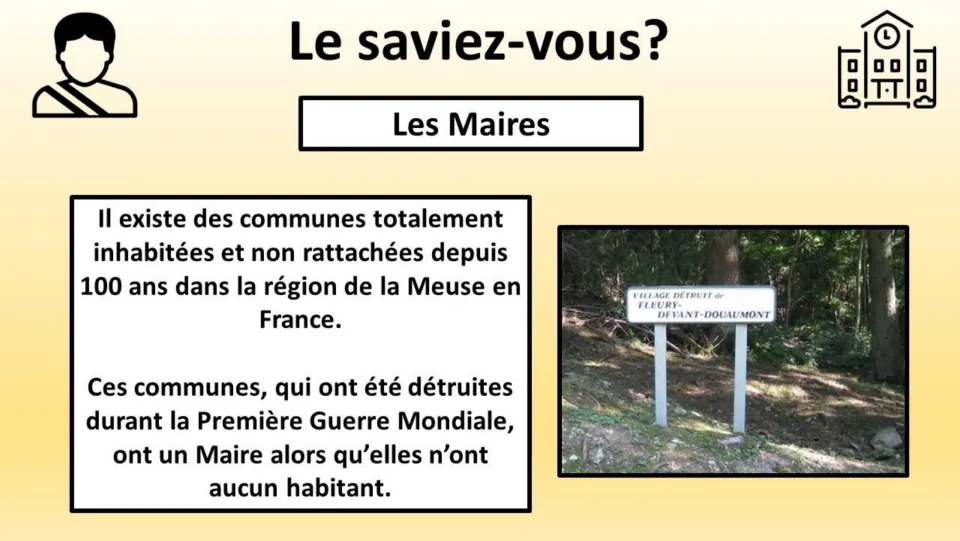 French fact page on “Les Maires” (mayors), describing uninhabited Meuse villages destroyed in World War I