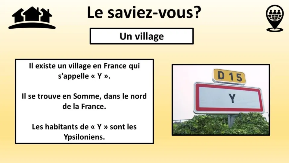 French fact page about the village named Y in Somme and its residents, called Ypsiloniens, with a sign