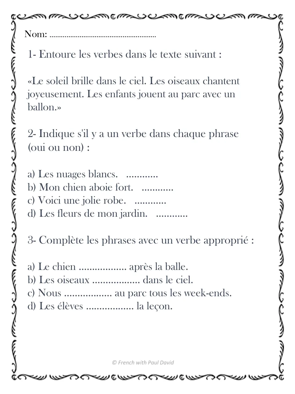 French verb identification: students circle verbs in a short text, mark if sentences have a verb, then fill in verbs