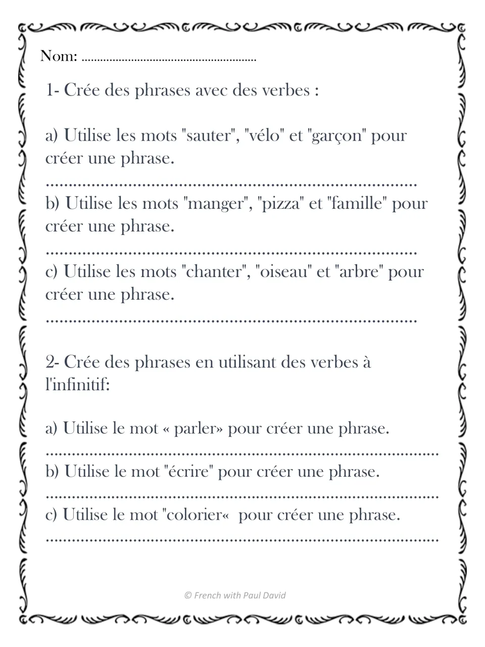 Writing sentences with French verbs: students use word sets like sauter, vélo, garçon, then infinitives like parler