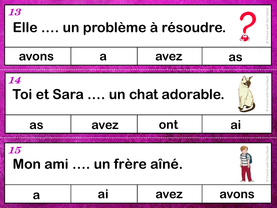 Avoir clip cards 13-15: students pick a or avez for sentences about a problem to solve, a cat and an older brother