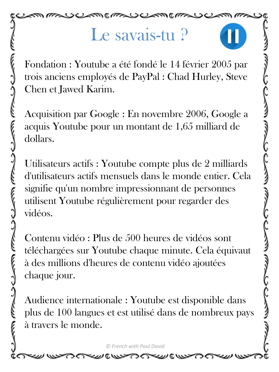 French YouTube facts page covering its founding, Google acquisition, monthly users, uploads, and languages