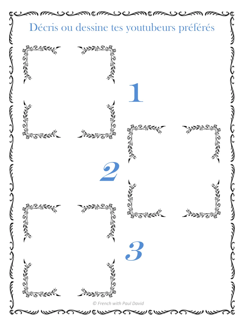 French writing or drawing activity asking students to describe or draw three of their favorite YouTubers
