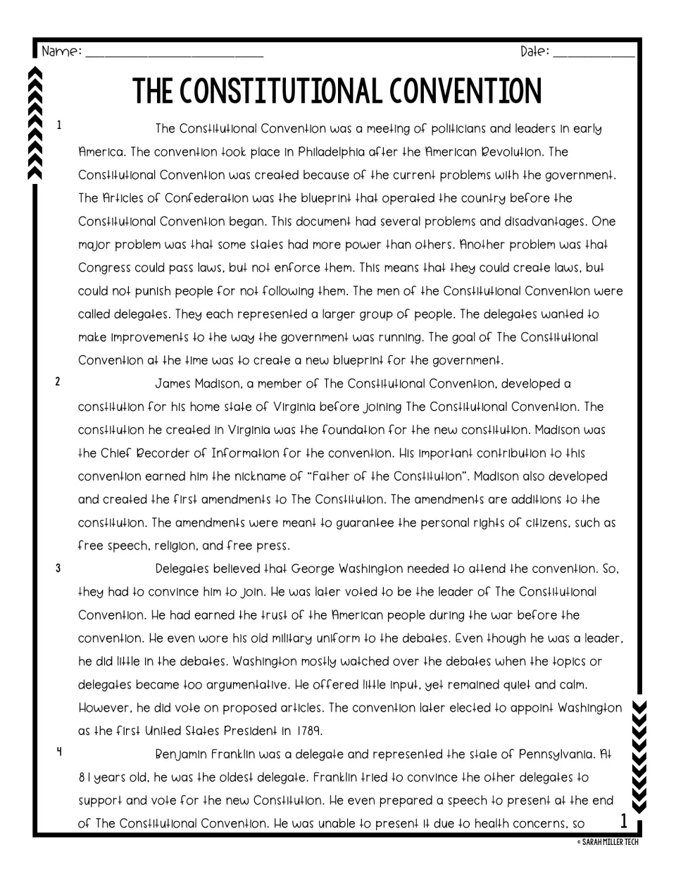 Reading passage opening: government problems and the roles of Madison, Washington, and Franklin