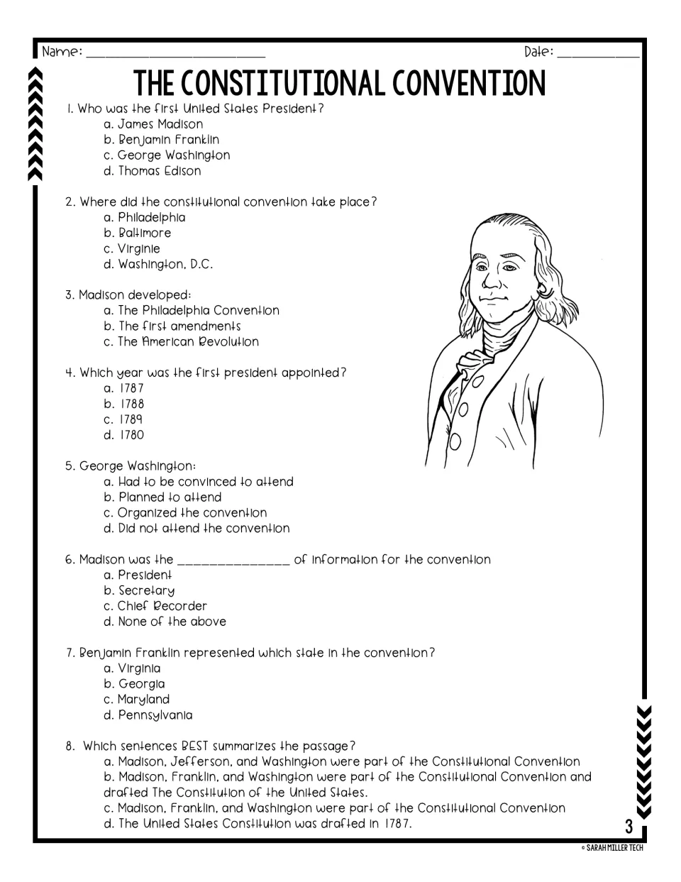 Questions 1–8: multiple-choice review of convention leaders, location, dates, and the passage's best summary