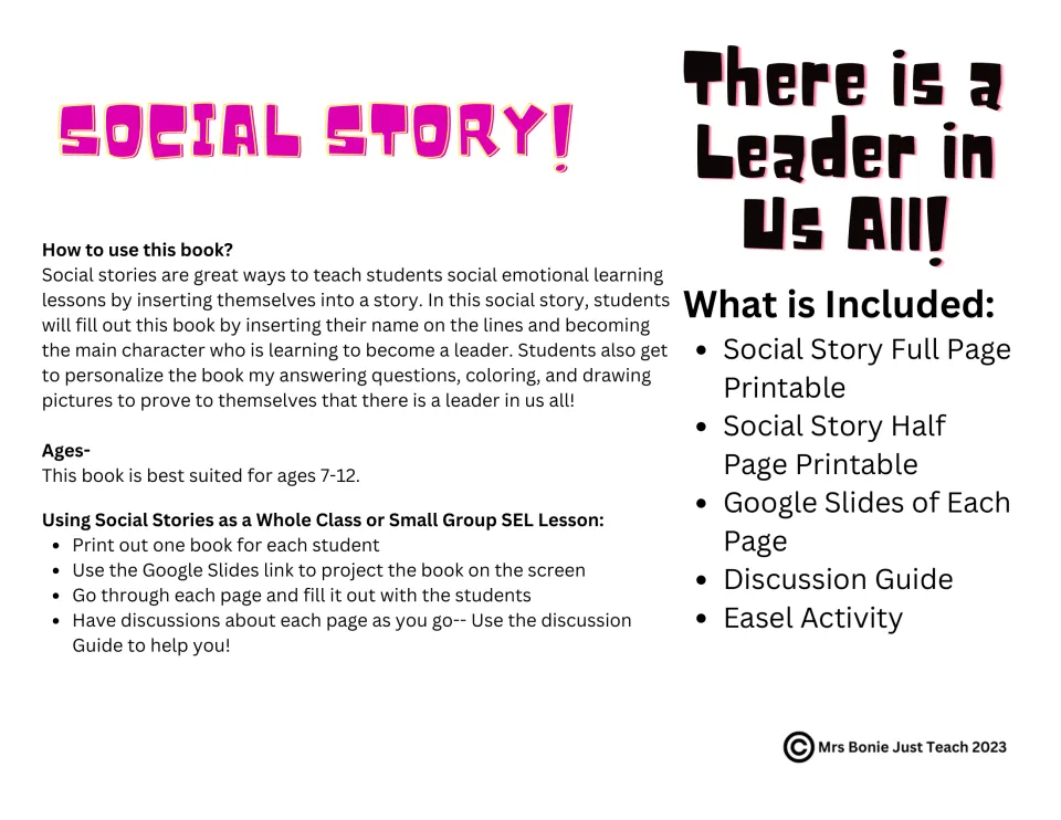Social story teacher guide listing how to use the book, ages 7-12 and what is included: printables, slides, guide, easel