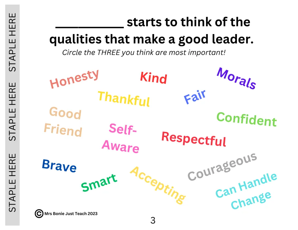 Leader qualities: students circle the three most important, such as Honesty, Kind, Fair, Brave and Respectful