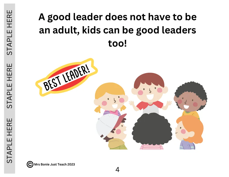 Story page stating that kids can be good leaders too, with a Best Leader badge and a group of smiling children
