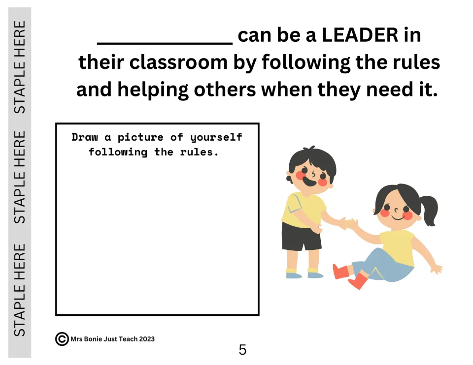 Leading in the classroom: students draw a picture of themselves following the rules next to a child helping another up