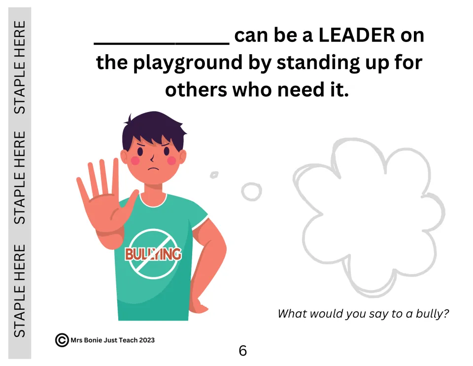 Leading on the playground: students write in a thought bubble what they would say to a bully