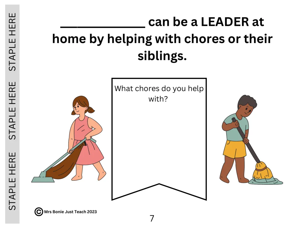 Leading at home: students list the chores they help with on a banner between children vacuuming and mopping