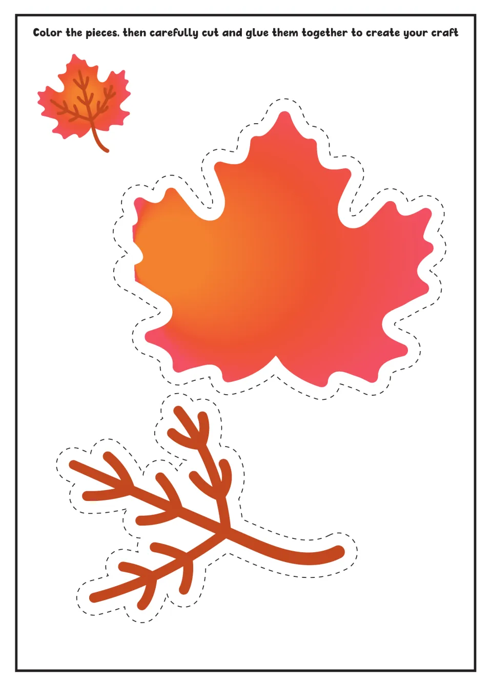 Pre-colored maple leaf craft: students cut out the orange-red leaf and brown vein piece and glue them together to build it