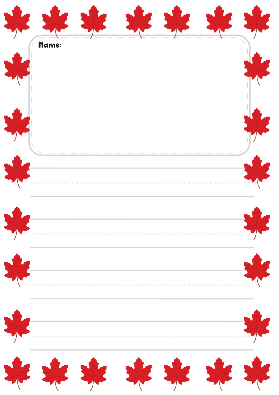 Red maple leaf draw-and-write page: students add their name, draw in the top space, then print on four primary rows