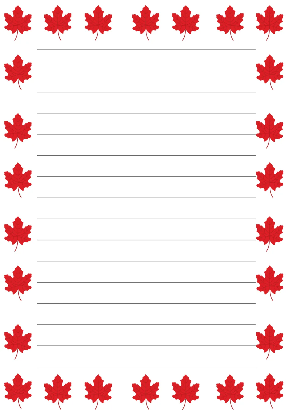 Red maple leaf writing paper with six plain double rows and no dotted guide, for students moving on to regular-size print